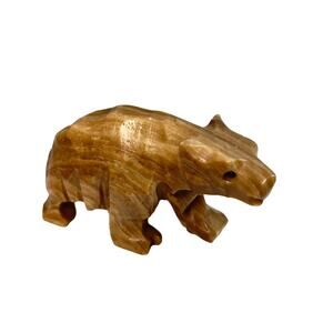 Vintage Hand Carved Stone Brown Bear Figurine Walking Quartz Alabaster? 4"x2"